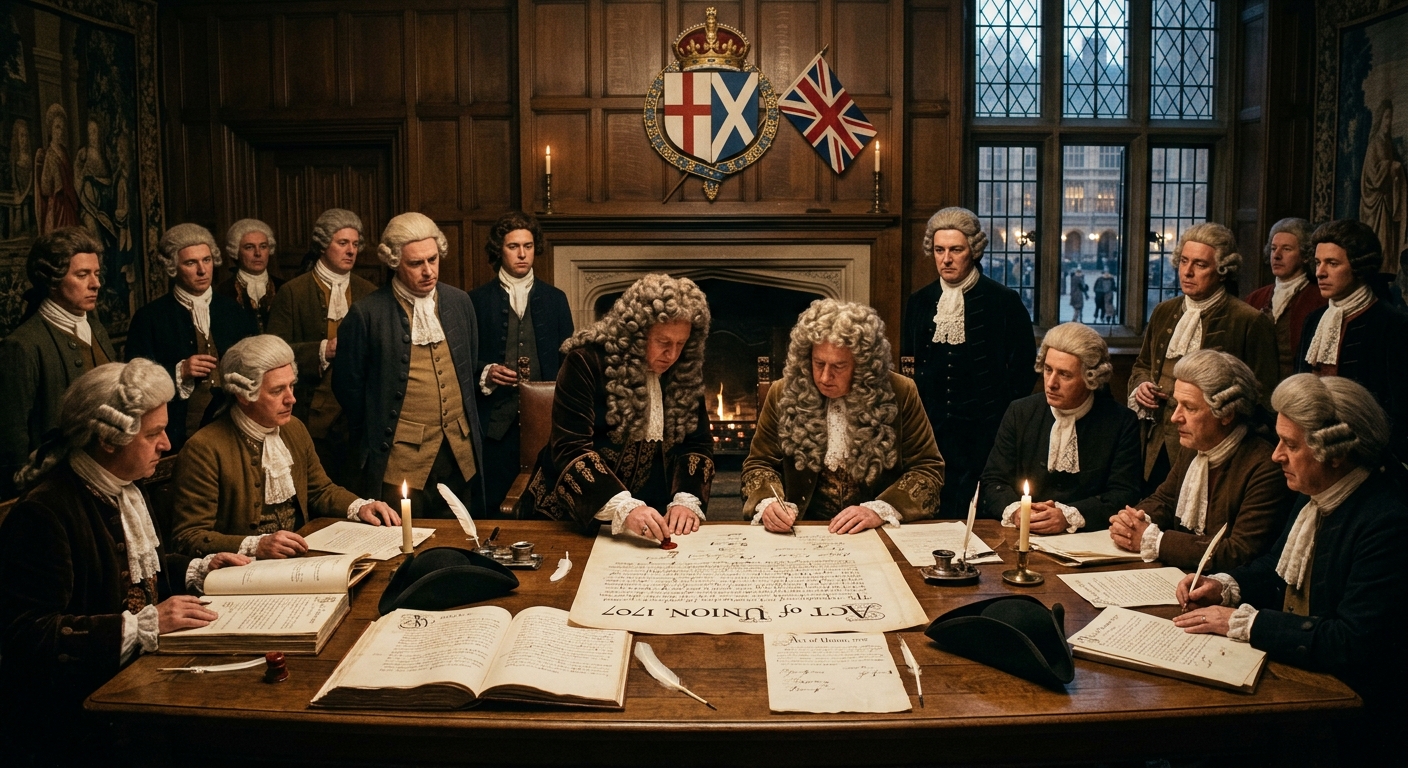 Illustration of the Act of Union, 1707, being signed by English and Scottish representatives