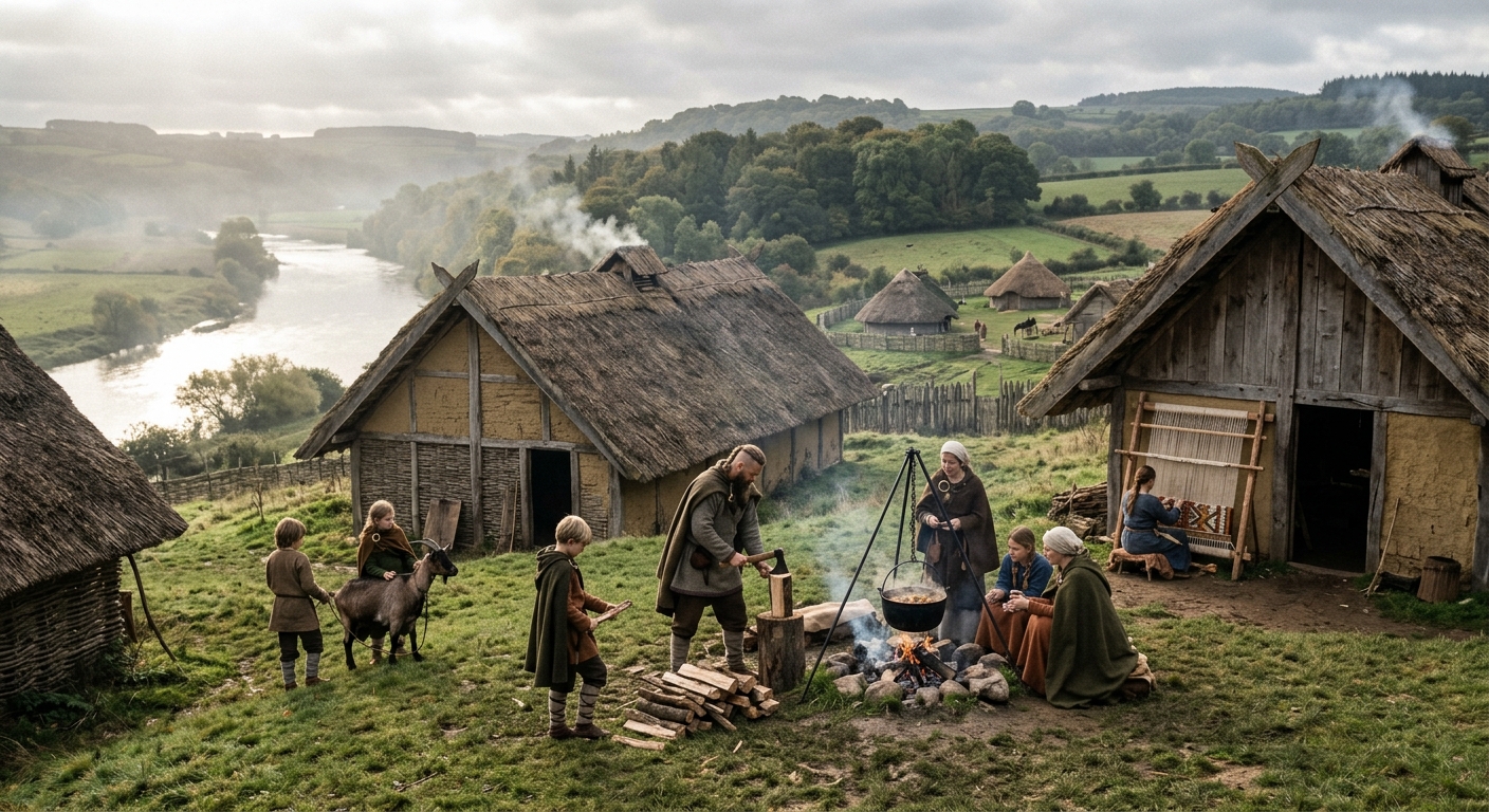 Illustration of an Anglo-Saxon village, with a thatched hall, cooking fire and weaving loom