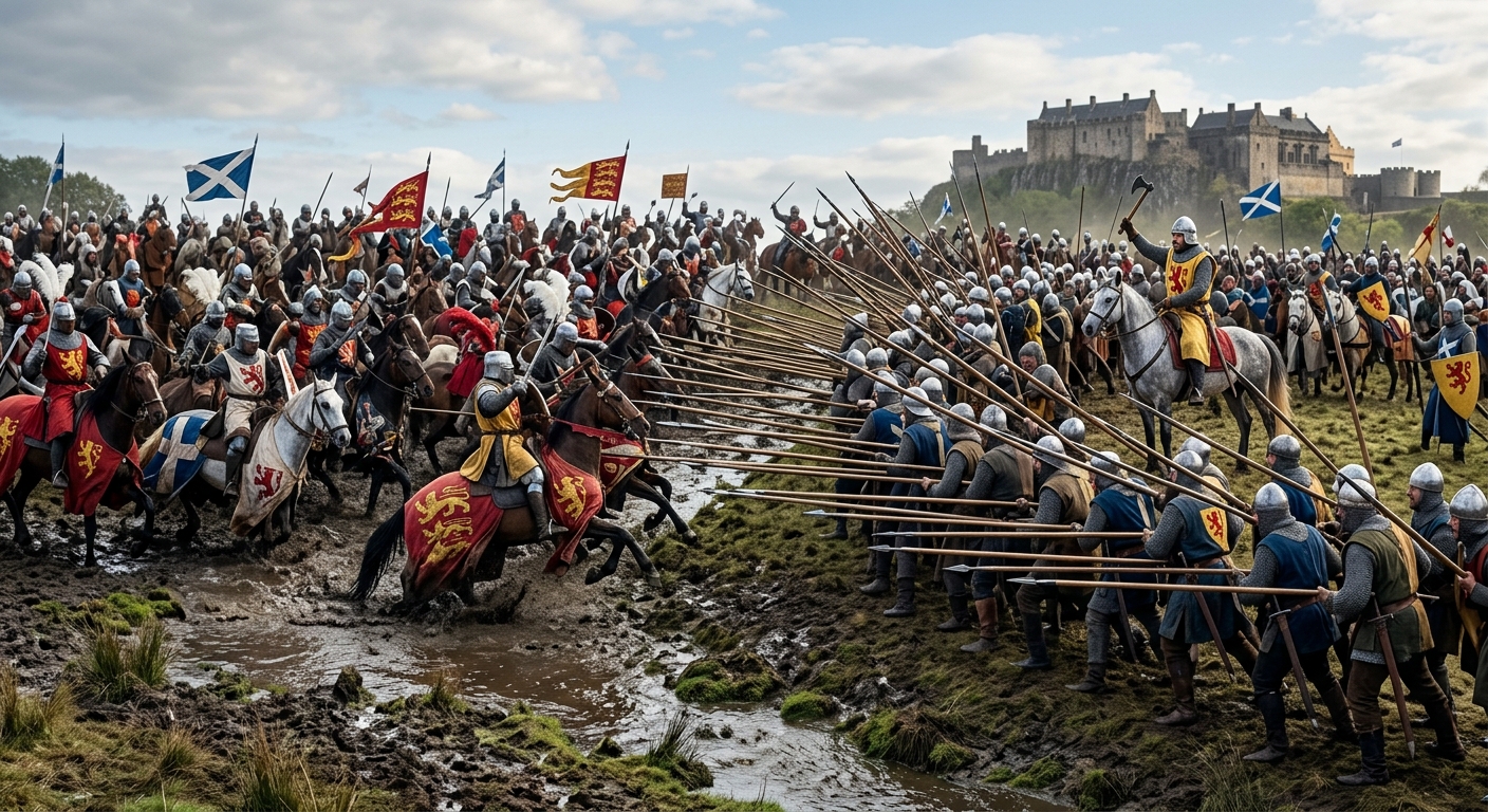 Illustration of the Battle of Bannockburn, 1314, with Scottish and English forces