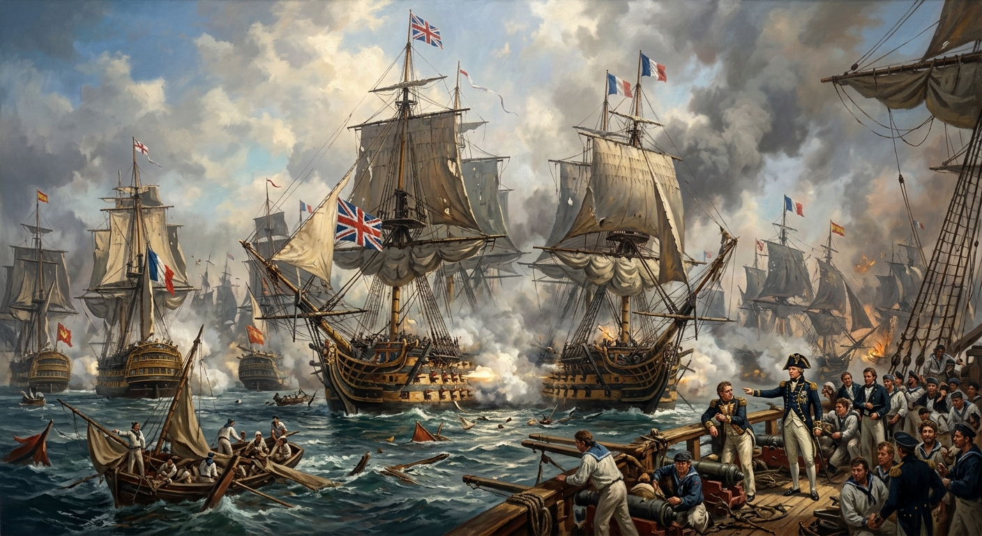 Painting of British and French warships in battle at Trafalgar, 1805