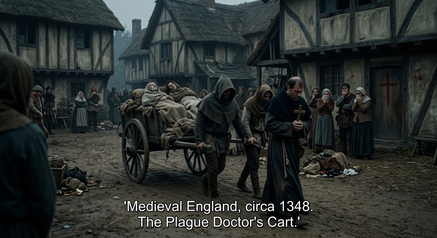 Illustration of a plague cart in a medieval English town, 1348