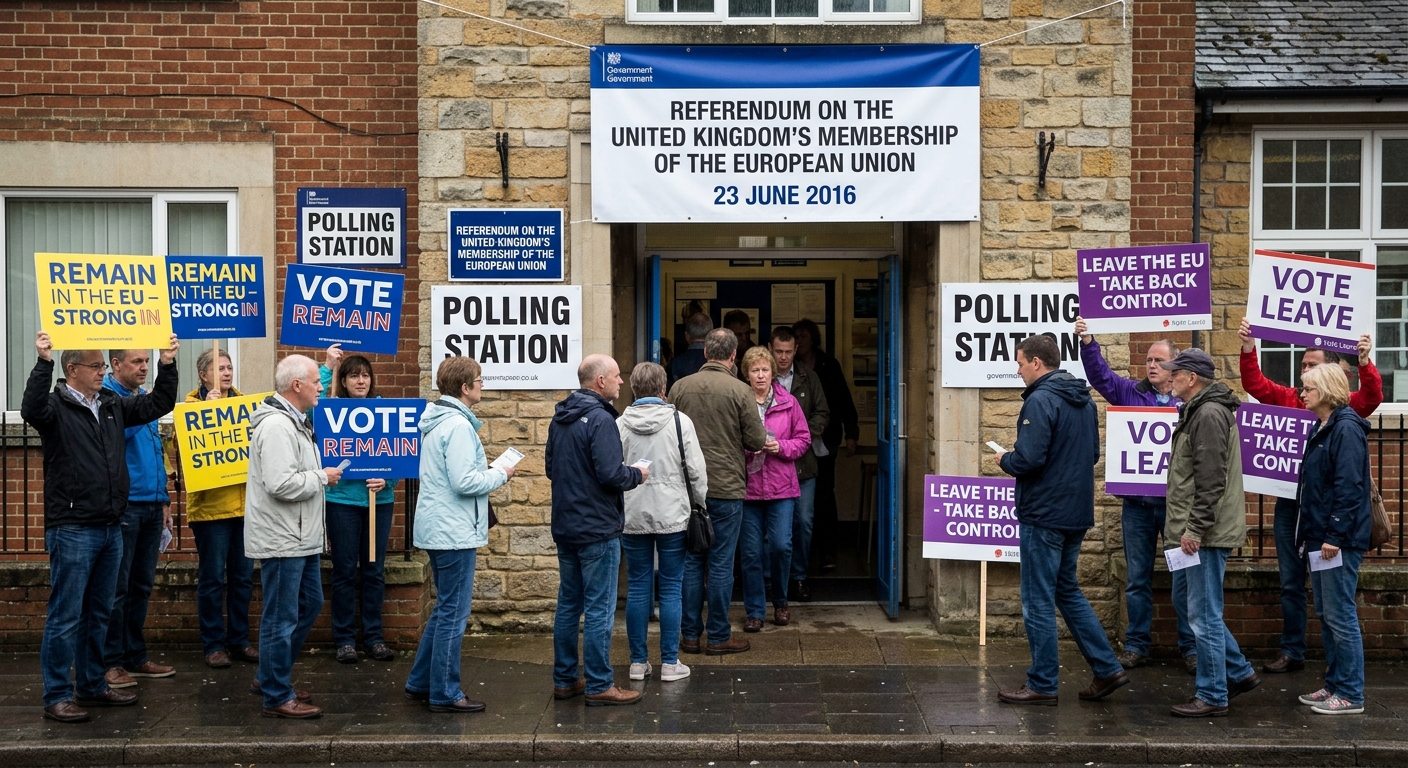 Photograph of Remain and Leave campaigners outside a polling station during the 2016 EU referendum