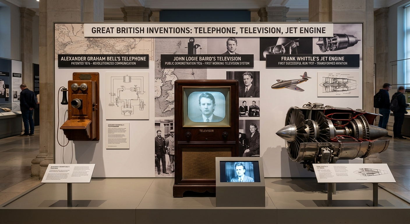 Museum display of British inventions: the telephone, television and jet engine