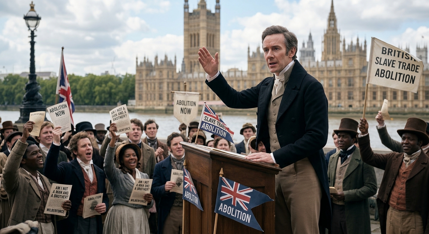 Illustration of William Wilberforce addressing a crowd of abolition campaigners near Westminster