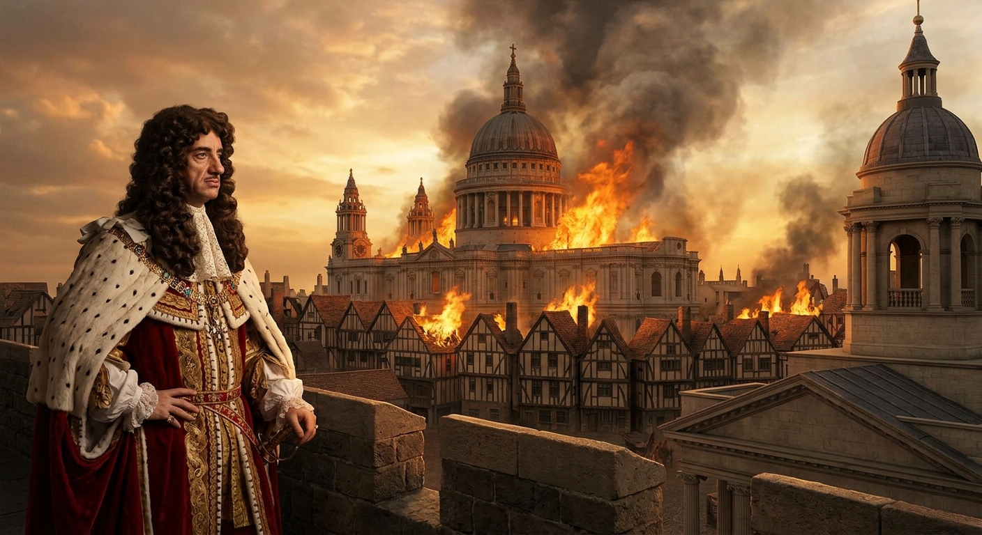 Illustration of King Charles II with the Great Fire of London burning behind him