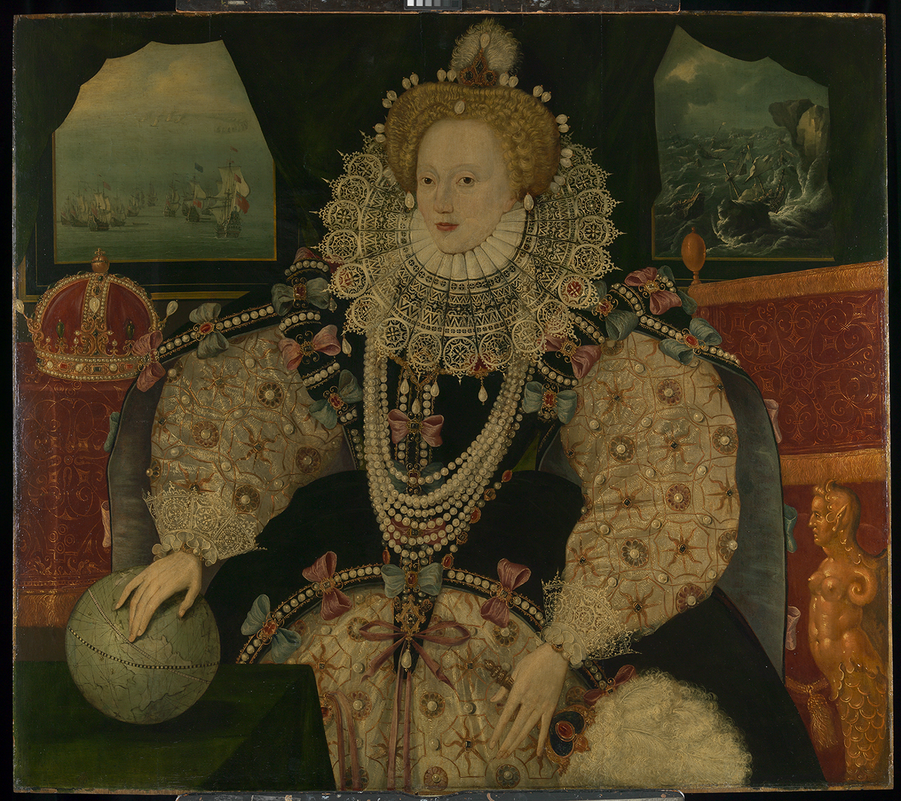 The ‘Armada Portrait’ of Elizabeth I, with the defeat of the Spanish Armada shown in the background