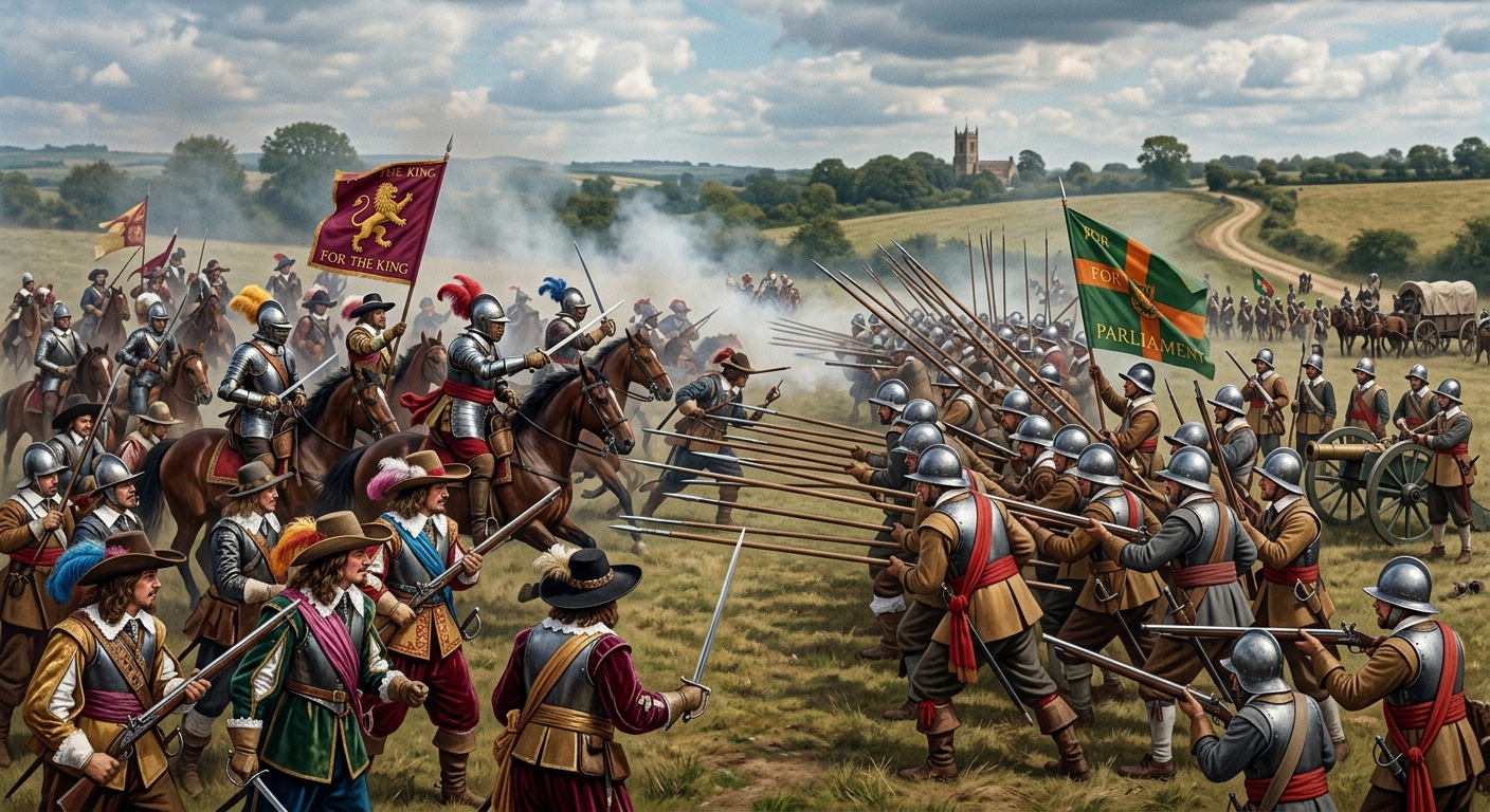 Illustration of Cavalier and Roundhead forces clashing in battle