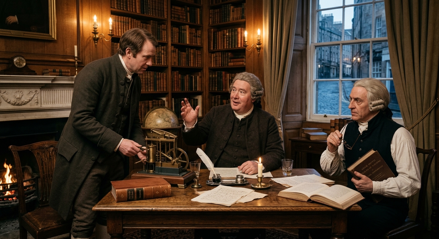 Illustration of Adam Smith, David Hume and James Watt in discussion, with an early engine model on the table