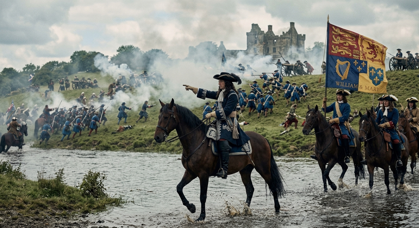 Illustration of William III leading troops on horseback under a William and Mary banner