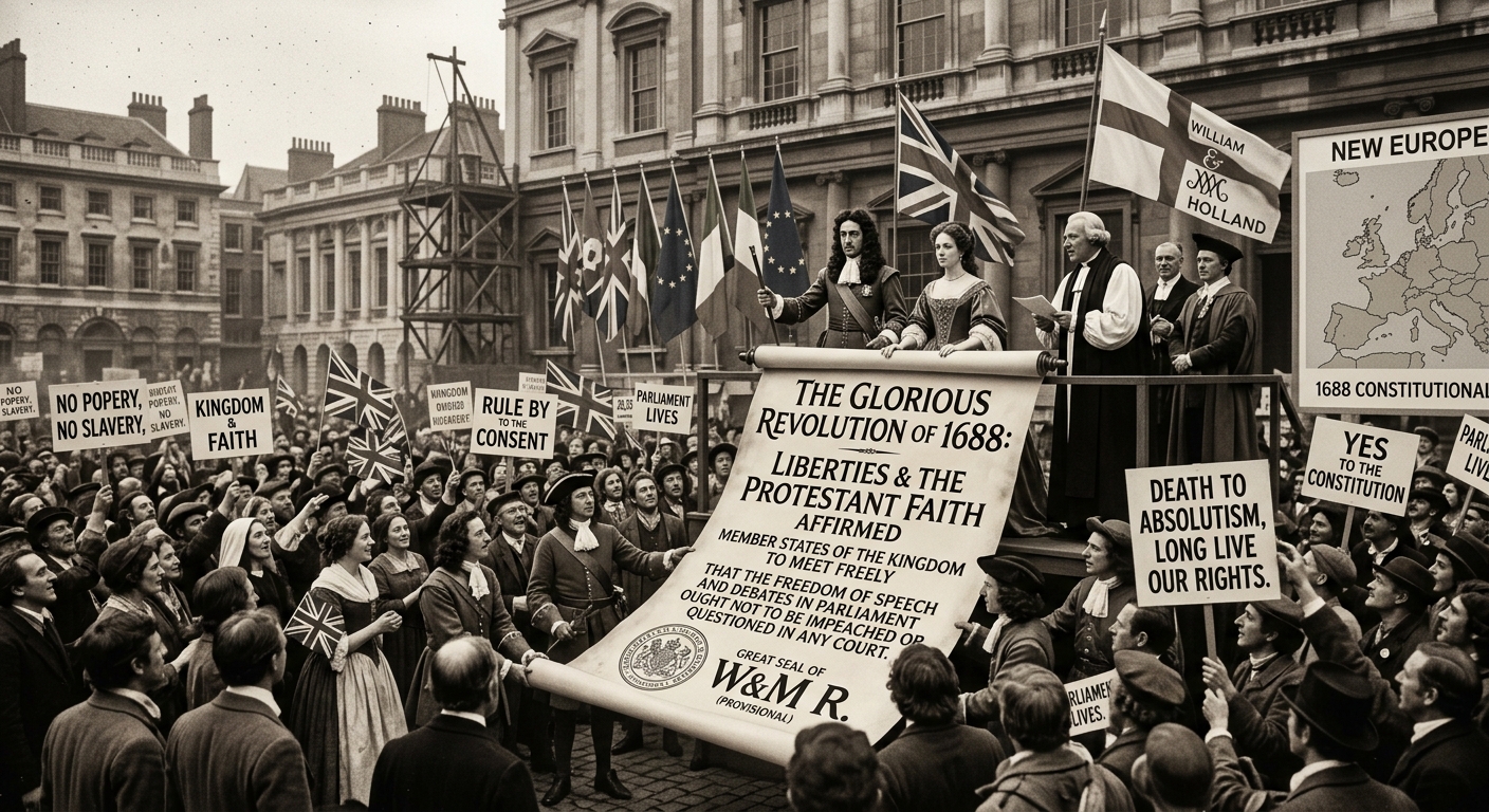 Illustration of the 1688 declaration affirming Parliament’s rights, with William and Mary banners