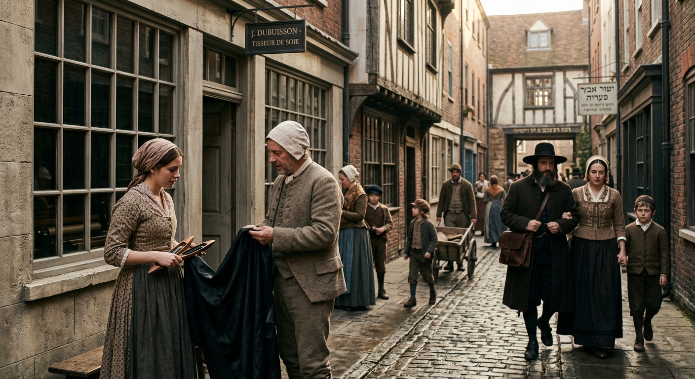 Illustration of Huguenot silk weavers and Jewish residents in a 17th-century London street