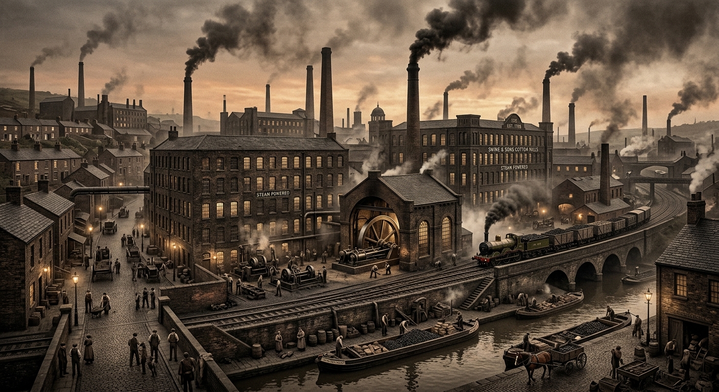 Illustration of a Victorian industrial town with factories, chimneys and a steam railway