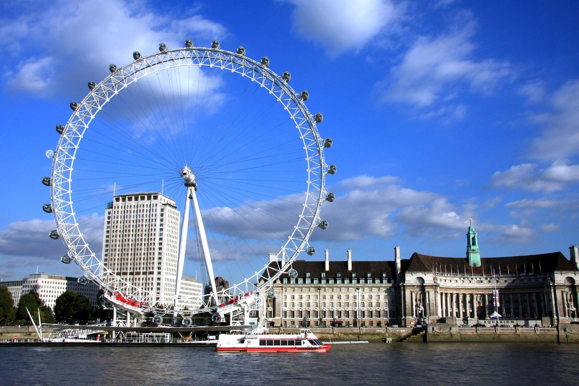 The London Eye Ferris wheel on the south bank of the River Thames