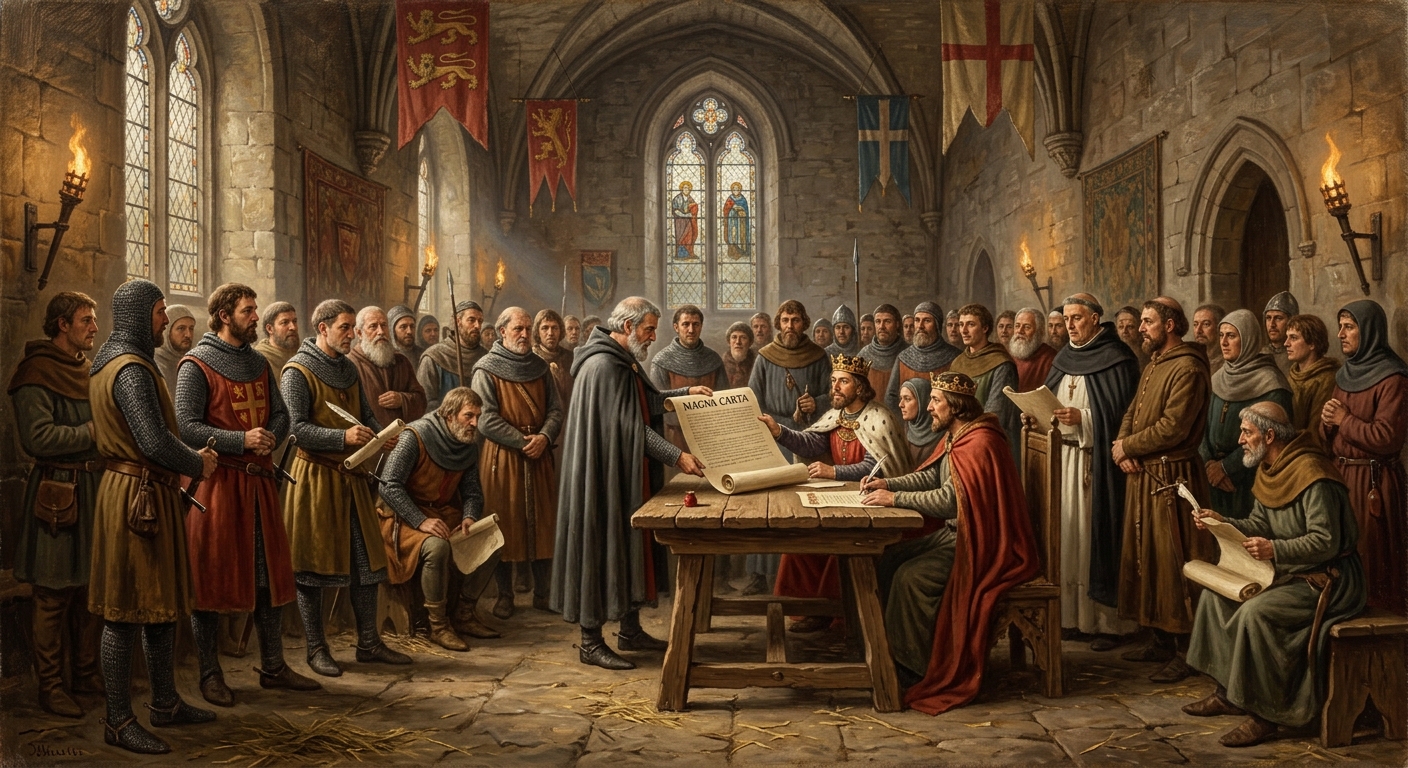 Painting of King John sealing Magna Carta before his barons