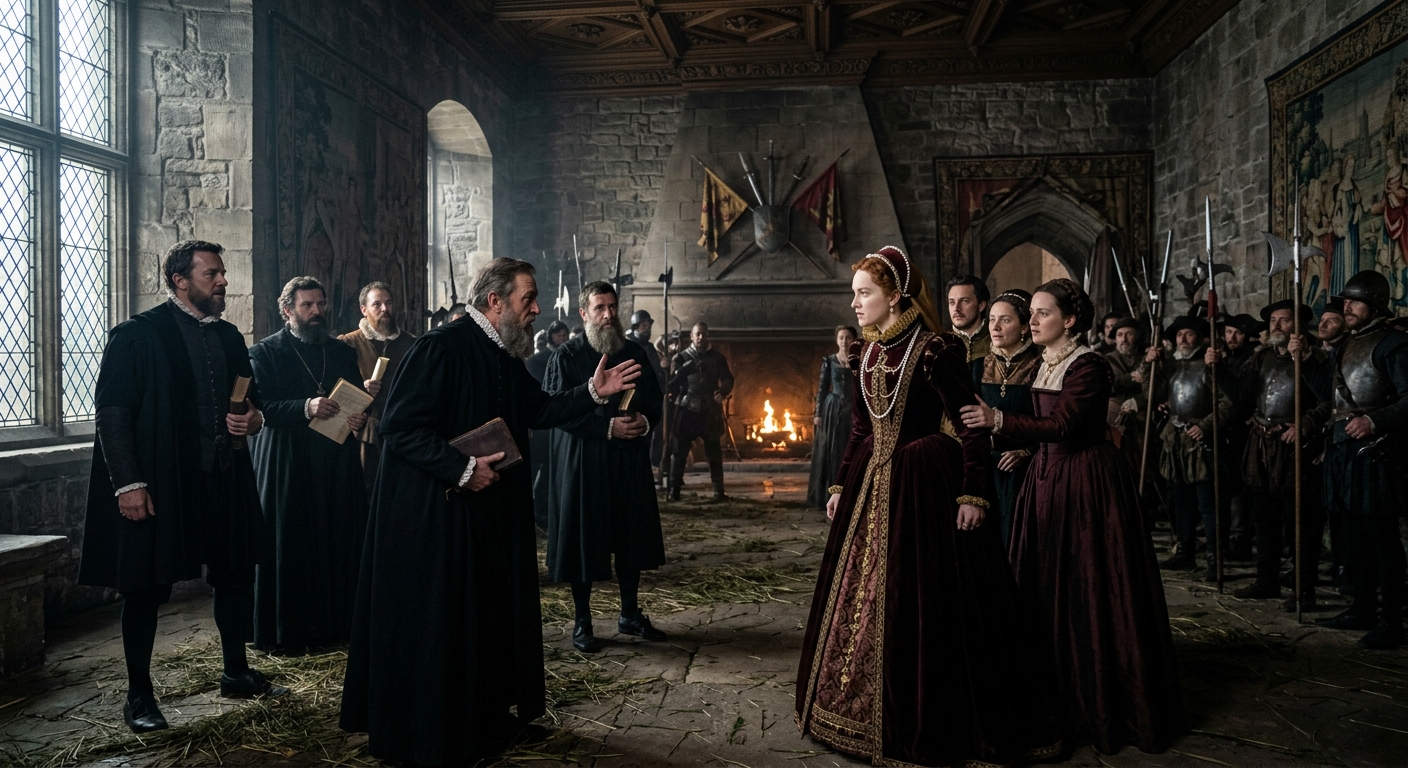 Illustration of Mary, Queen of Scots confronted by Scottish reformers