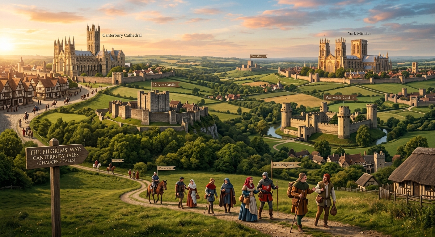 Illustration of Canterbury Cathedral, York Minster and medieval castles, with Chaucer’s pilgrims