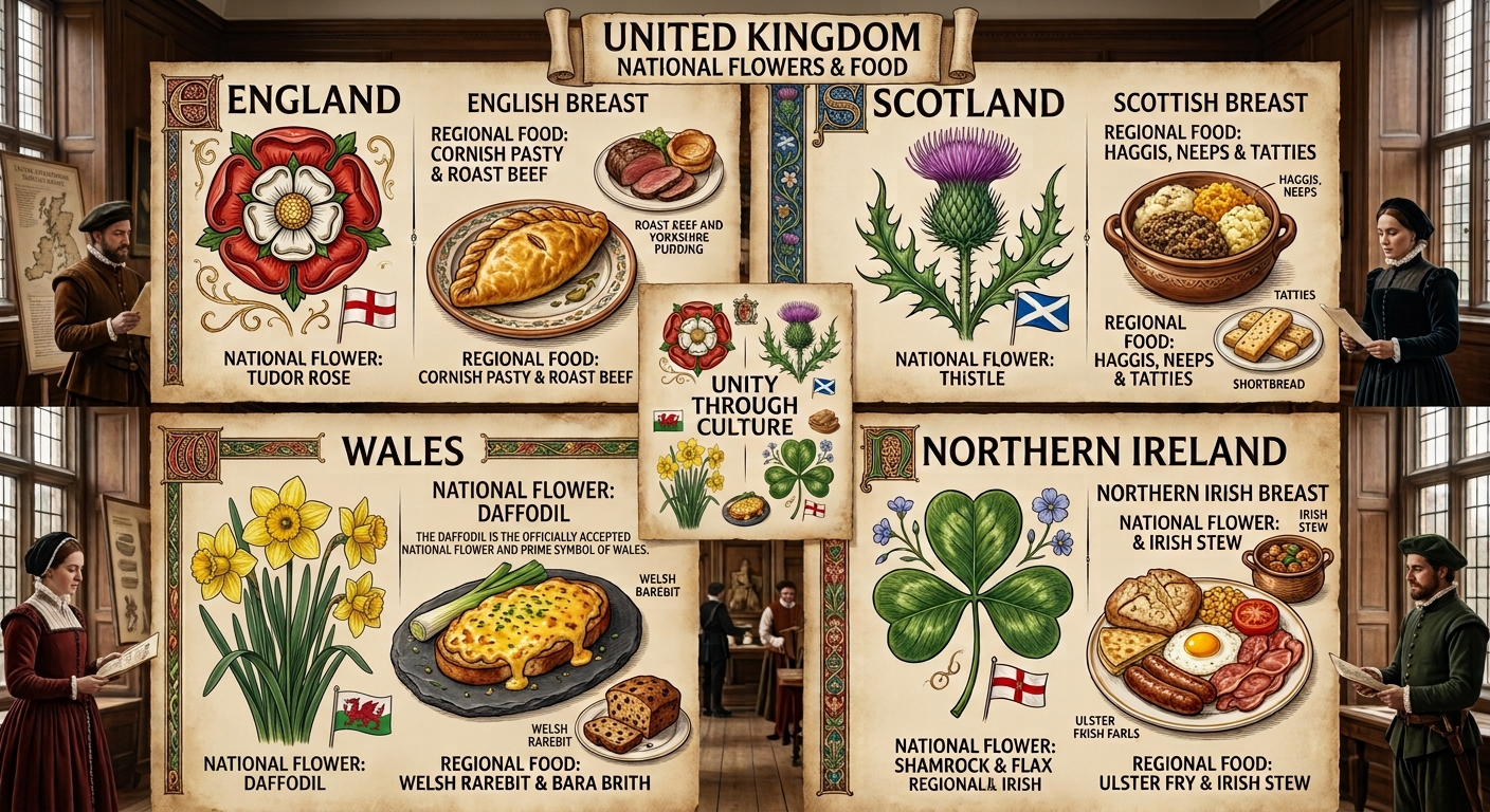 Infographic of the national flowers and traditional foods of England, Scotland, Wales and Northern Ireland