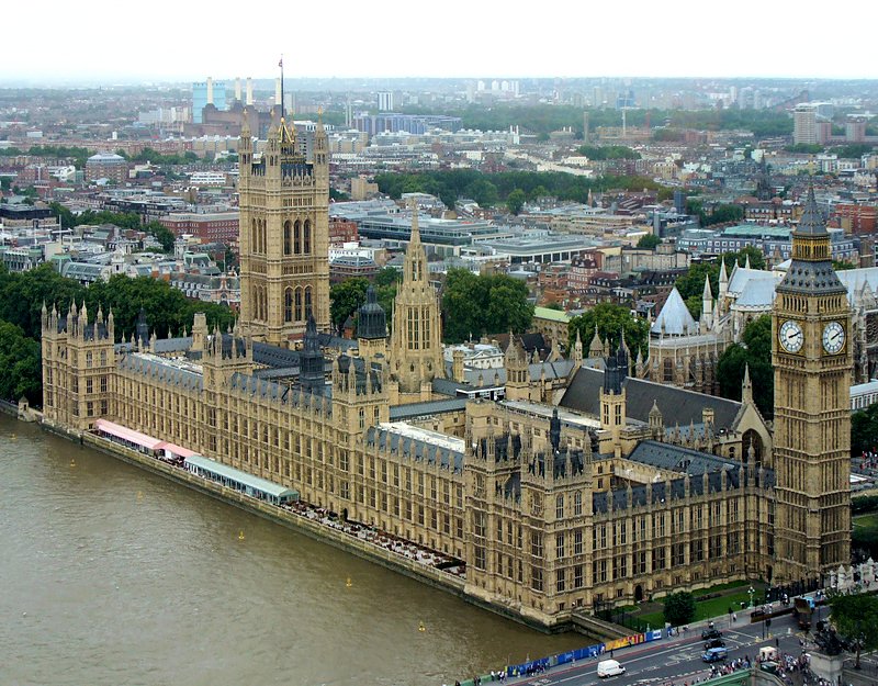 Aerial view of the Palace of Westminster and Elizabeth Tower on the River Thames