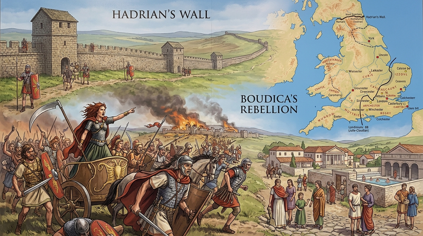 Illustrated scene of Roman Britain: Hadrian’s Wall, Boudica’s rebellion and a map of Roman Britain