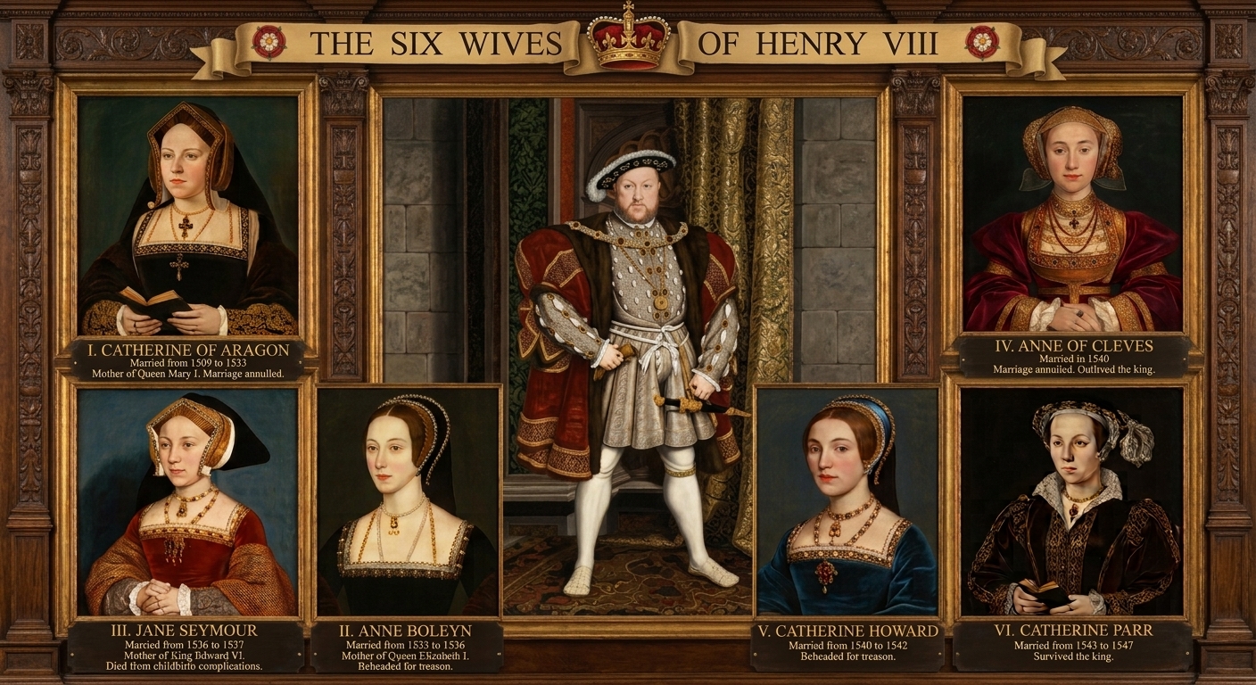 Portrait grid of Henry VIII’s six wives