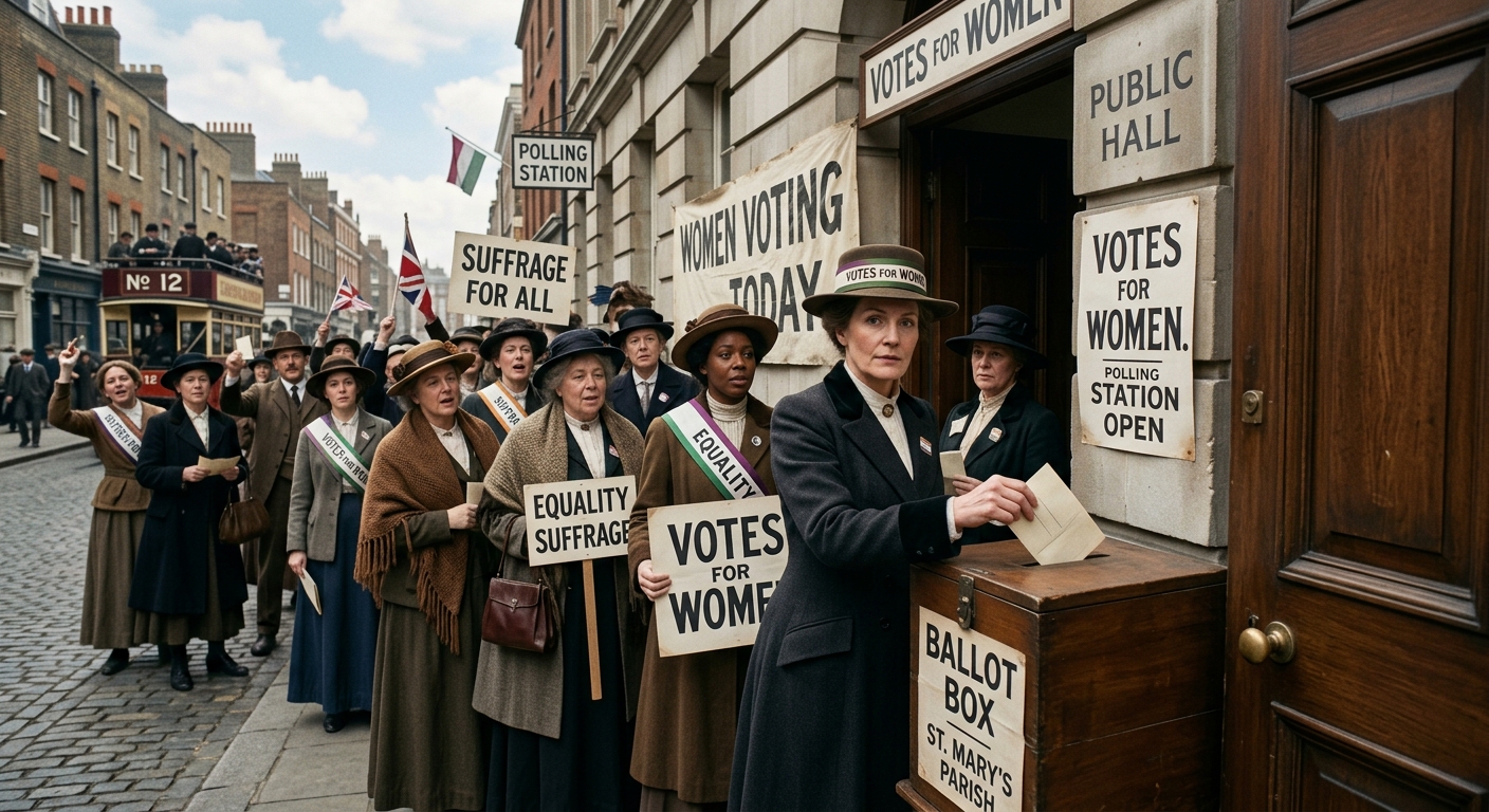 Illustration of suffragettes campaigning outside a polling station