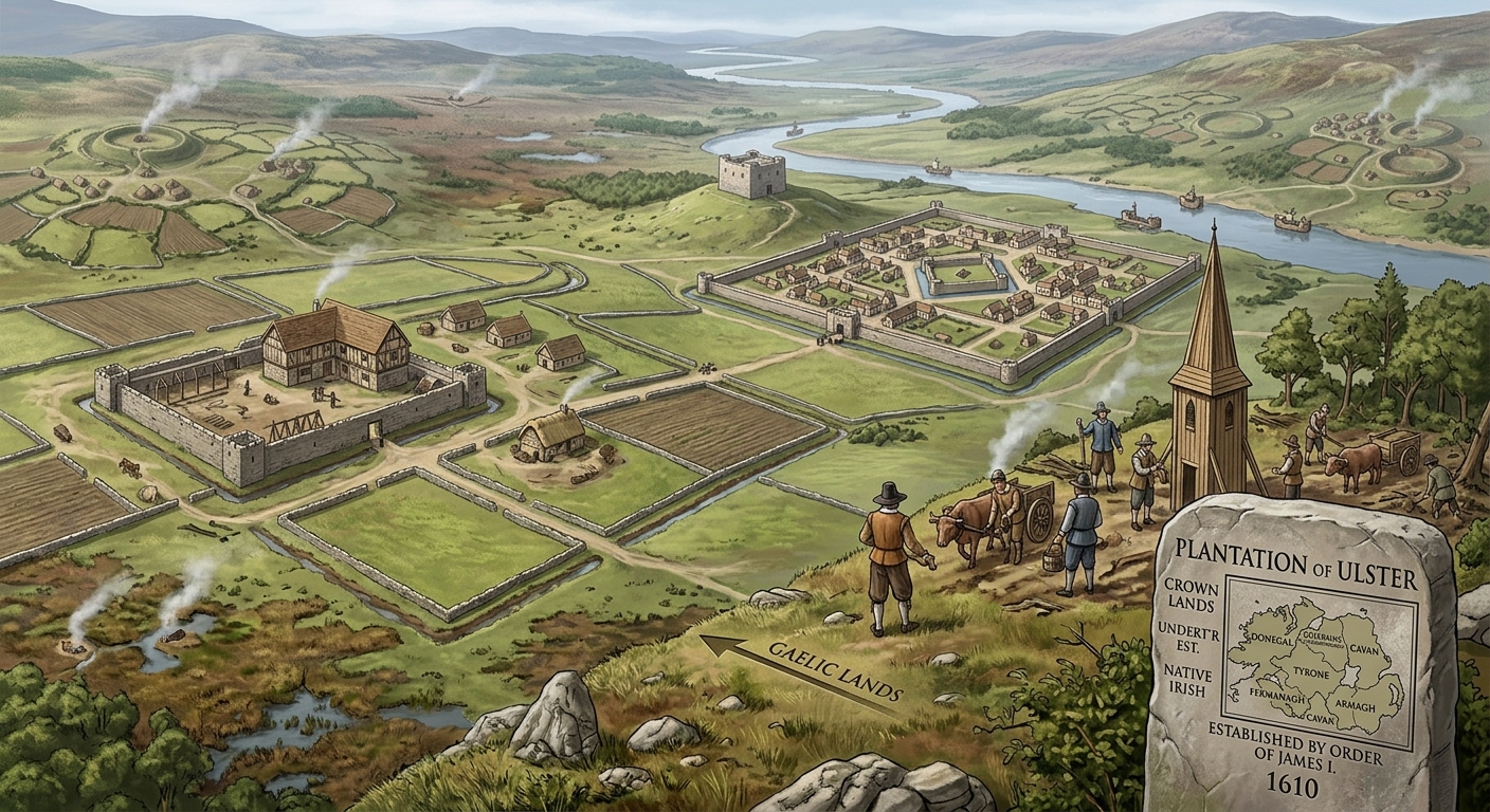 Illustrated map of the Plantation of Ulster, showing new settler towns on former Gaelic lands