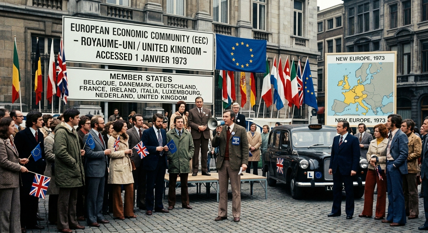 Illustration of a 1973 rally marking the UK joining the European Economic Community