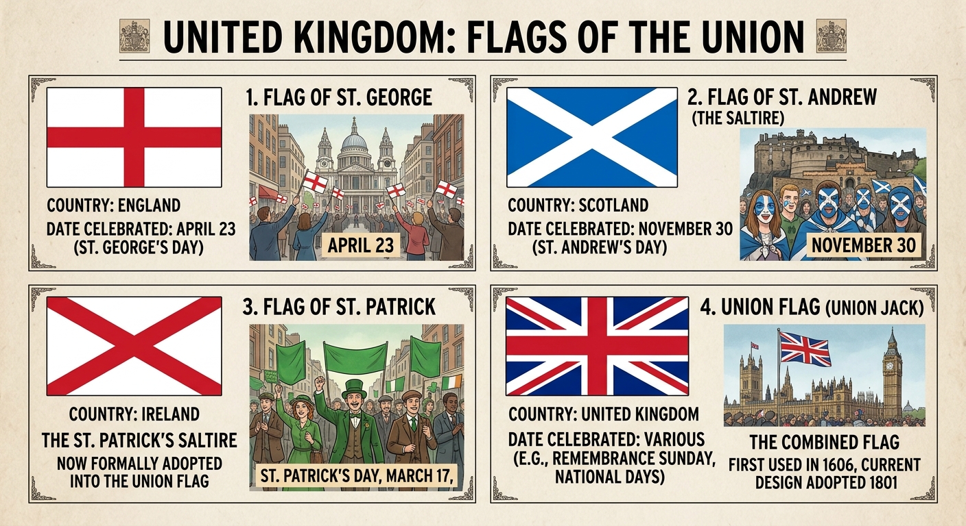 Infographic of the flags of St George, St Andrew, St Patrick and the combined Union Flag