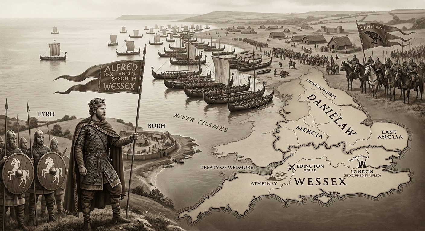 Illustration of King Alfred’s army and Viking longships landing, with a map of the Danelaw
