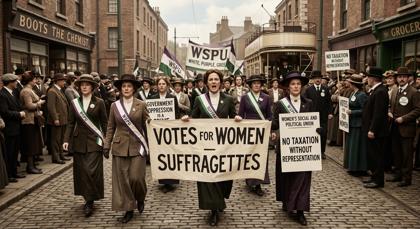 Illustration of suffragettes marching with ‘Votes for Women’ banners