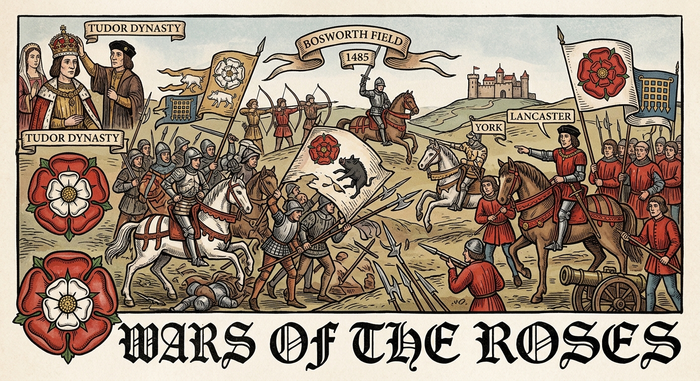 Illustration of the Wars of the Roses and the Battle of Bosworth Field, 1485