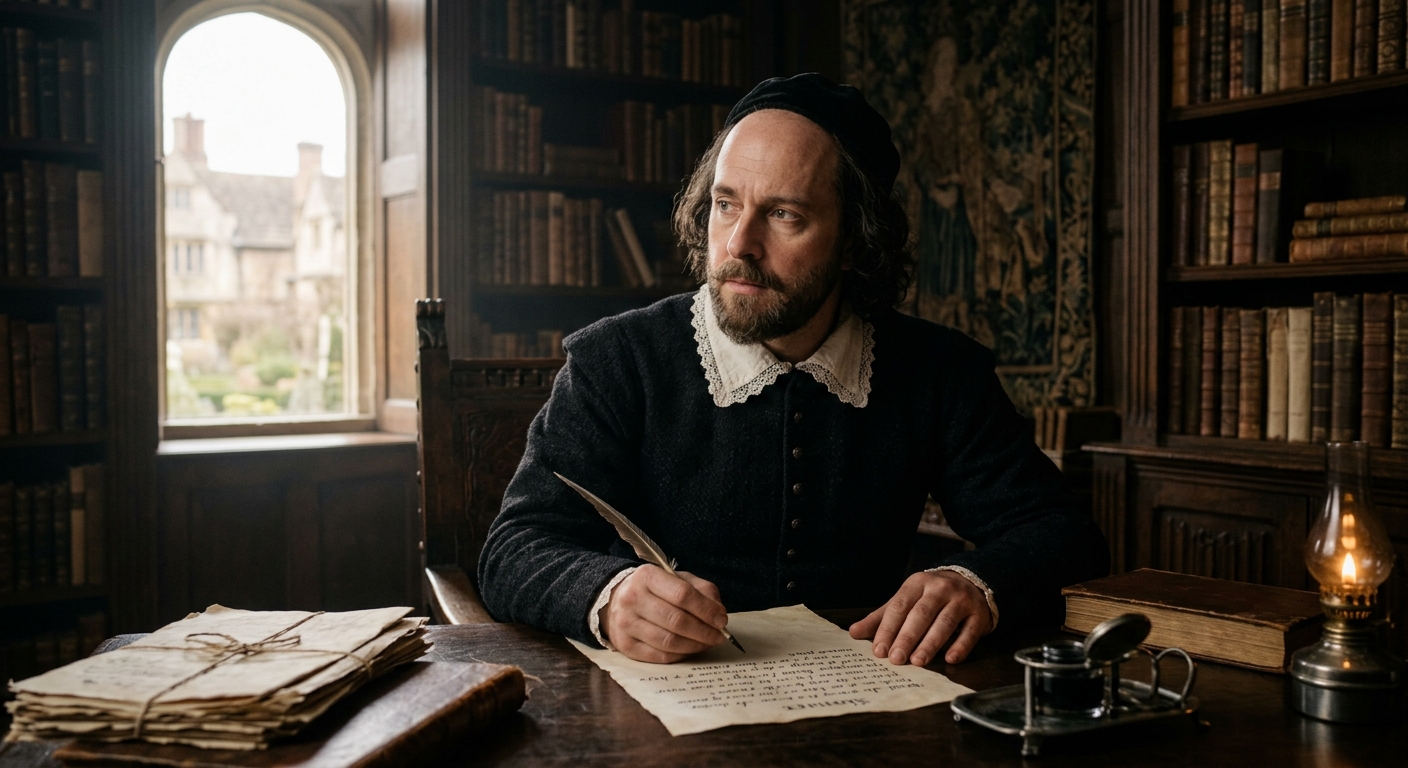 Illustration of William Shakespeare writing at his desk
