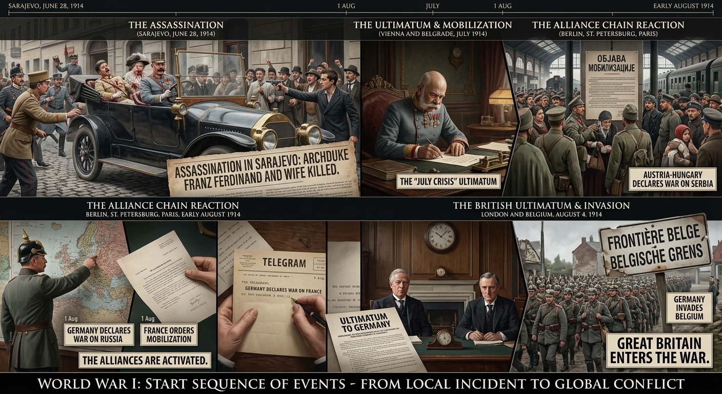 Infographic timeline of events leading to the outbreak of the First World War, 1914