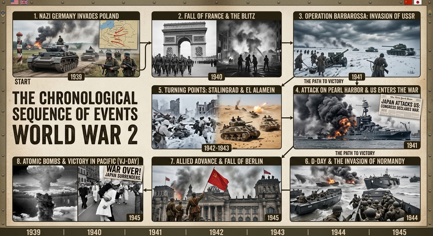 Infographic timeline of key events of the Second World War, 1939–45